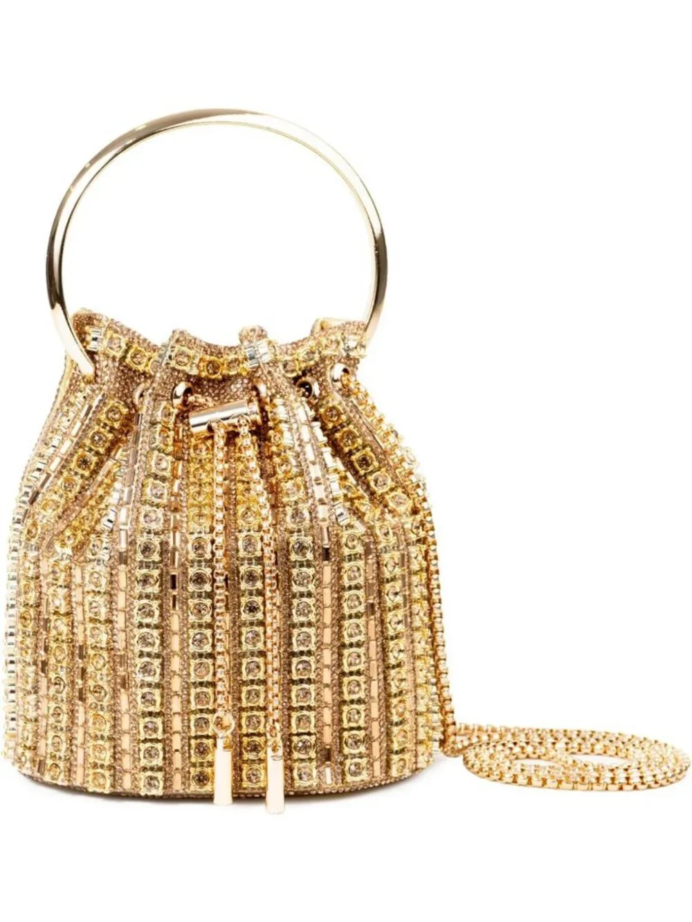 Embellished Bucket Bag with Ring Handle, Multicolor Rhinestones & Gold Chain